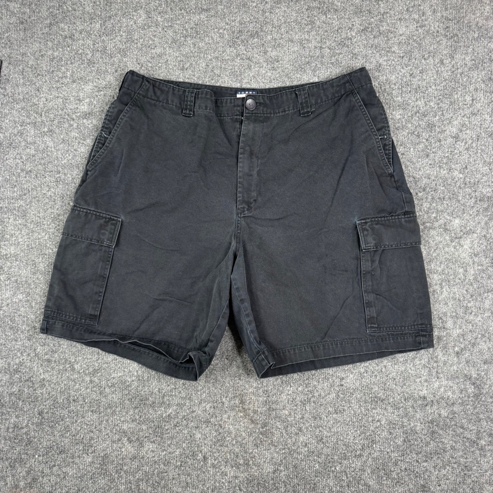 Tommy Hilfiger Cargo Shorts Mens Size 38 Black Cotton Classic Multi Pocket Flaw